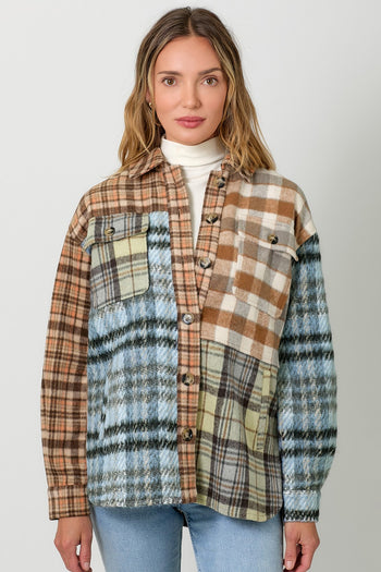 Mystree Mixed paid Color Block Shacket in Toffee/Blue