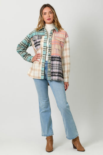 Mystree Mixed paid Color Block Shacket in Ivory/Oat