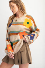 Load image into Gallery viewer, Easel Striped Knit Sweater with Textured Flower Patches in Khaki
