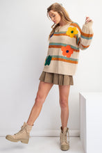 Load image into Gallery viewer, Easel Striped Knit Sweater with Textured Flower Patches in Khaki
