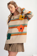 Load image into Gallery viewer, Easel Striped Knit Sweater with Textured Flower Patches in Khaki
