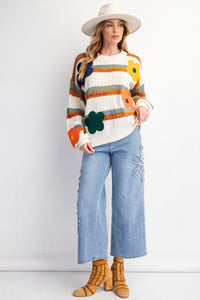 Easel Striped Knit Sweater with Textured Flower Patches in Ivory