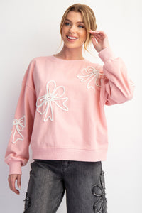 Easel Terry Knit Pullover Top with Bow Patches in Blush