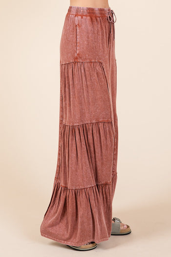 Mittoshop Mineral Washed Tiered Detail Wide Leg Pants in Sienna