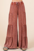 Mittoshop Mineral Washed Tiered Detail Wide Leg Pants in Sienna