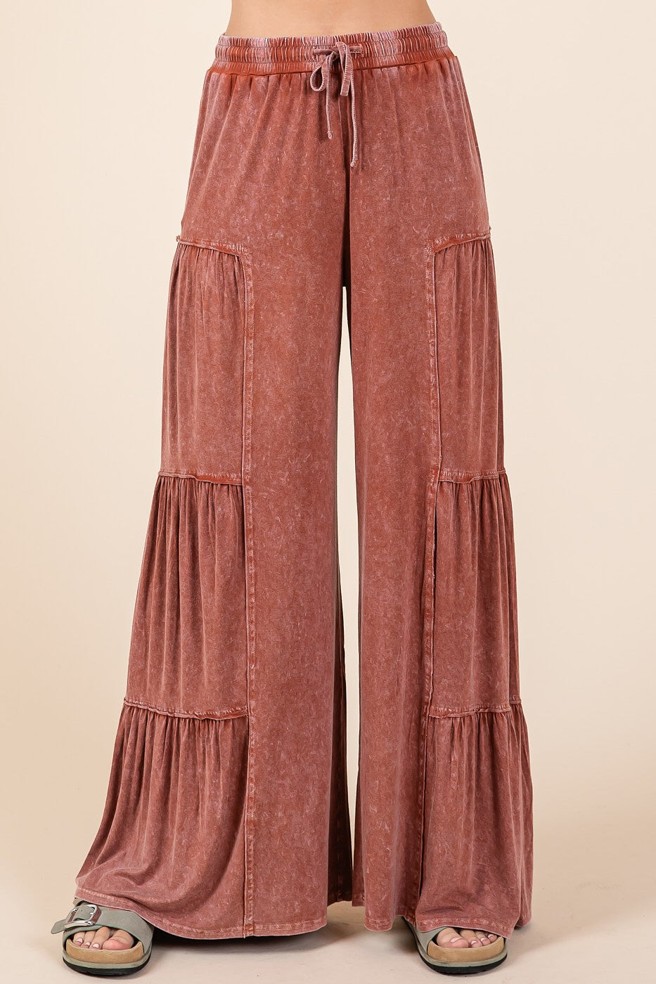 Mittoshop Mineral Washed Tiered Detail Wide Leg Pants in Sienna