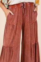 Mittoshop Mineral Washed Tiered Detail Wide Leg Pants in Sienna