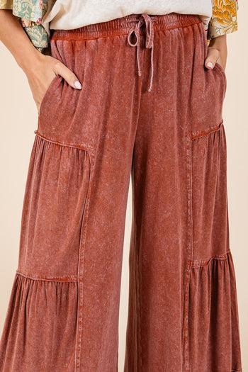 Mittoshop Mineral Washed Tiered Detail Wide Leg Pants in Sienna