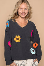 Load image into Gallery viewer, POL OVERSIZED Solid Color Sweater with Chenille Flower Patches in Charcoal Multi
