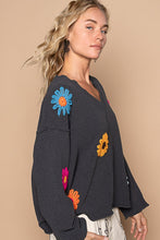 Load image into Gallery viewer, POL OVERSIZED Solid Color Sweater with Chenille Flower Patches in Charcoal Multi
