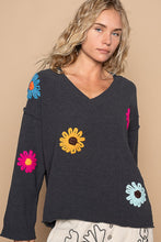 Load image into Gallery viewer, POL OVERSIZED Solid Color Sweater with Chenille Flower Patches in Charcoal Multi
