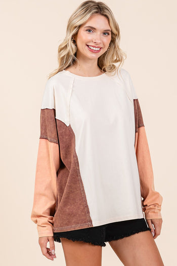 Mittoshop Color Block Patchwork Raglan Top in Natural Brown
