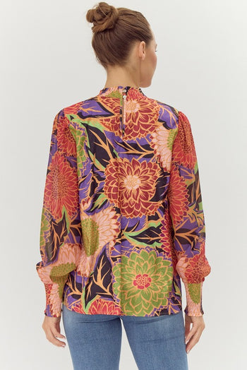 Jodifl Flower Print Satin Top in Mulberry/Green