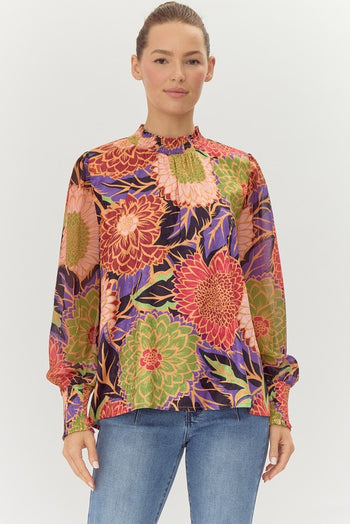 Jodifl Flower Print Satin Top in Mulberry/Green