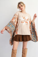 Easel Mixed Print Flower Patched Poncho Top in Natural