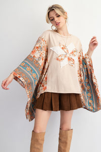 Easel Mixed Print Flower Patched Poncho Top in Natural