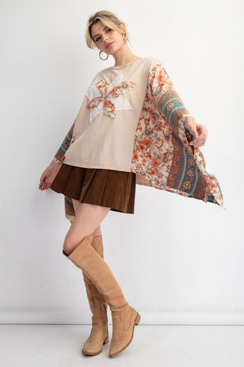 Easel Mixed Print Flower Patched Poncho Top in Natural