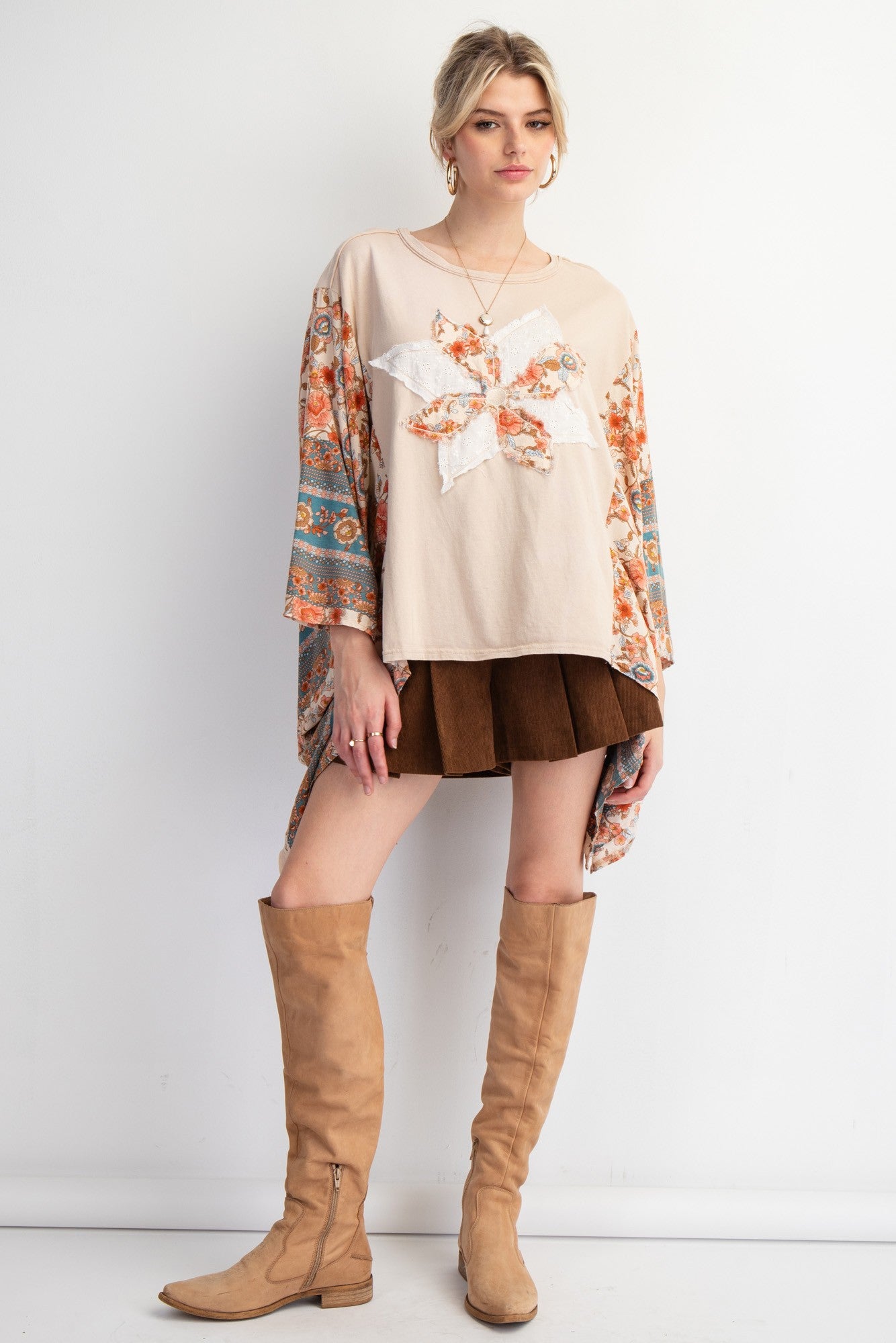 Easel Mixed Print Flower Patched Poncho Top in Natural – June Adel