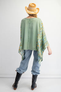 Easel Mixed Print Flower Patched Poncho Top in Sage