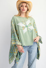 Load image into Gallery viewer, Easel Mixed Print Flower Patched Poncho Top in Sage
