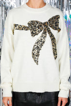 Load image into Gallery viewer, Vine &amp; Love Solid Color Knit Sweater with Sequin Leopard Print Bow in Cream
