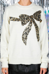 Vine & Love Solid Color Knit Sweater with Sequin Leopard Print Bow in Cream