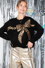 Load image into Gallery viewer, Vine &amp; Love Solid Color Knit Sweater with Sequin Leopard Print Bow in Black
