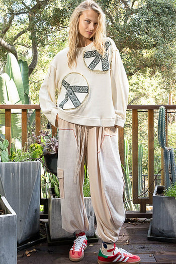 POL OVERSIZED Thermal Knit Top with Peace Sign Patches in Cream