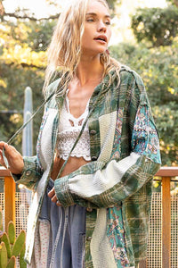 POL Mixed Print Hooded Button Down Top in Green Multi