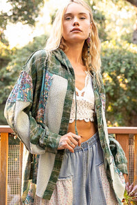 POL Mixed Print Hooded Button Down Top in Green Multi