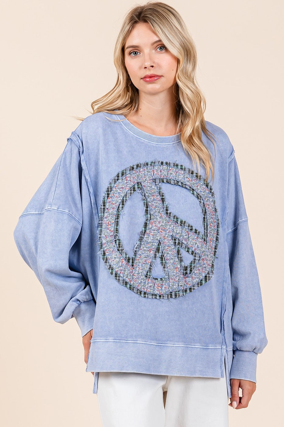 Mittoshop OVERSIZED Peace Sign Patch Sweatshirt in Rain Blue