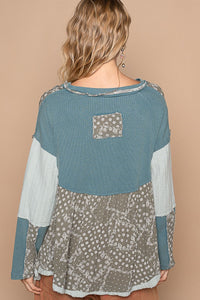 POL Overlay Baby Doll Cut Print and Knitted Top in Teal Multi ON ORDER