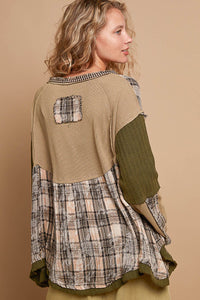 POL Overlay Baby Doll Cut Print and Knitted Top in Olive Multi