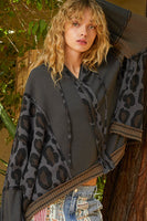 POL SEMI-CROPPED Leopard Print Hooded Top in Charcoal