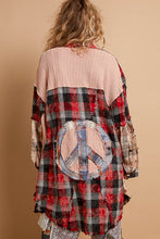 Load image into Gallery viewer, POL OVERSIZED Plaid Top with Peace Sign Patches in Red Multi
