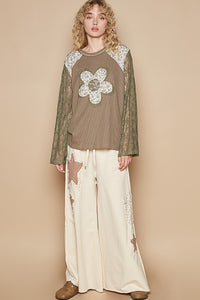 POL Thermal Knit Top with Lace Sleeves and Flower Patch Front in Khaki Olive