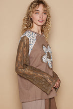 Load image into Gallery viewer, POL Thermal Knit Top with Lace Sleeves and Flower Patch Front in Chocolate
