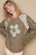 POL Thermal Knit Top with Lace Sleeves and Flower Patch Front in Khaki Olive FINAL SALE