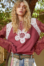 Load image into Gallery viewer, POL Thermal Knit Top with Lace Sleeves and Flower Patch Front in Blood Red
