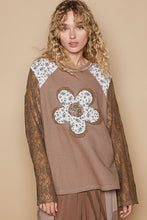 Load image into Gallery viewer, POL Thermal Knit Top with Lace Sleeves and Flower Patch Front in Chocolate
