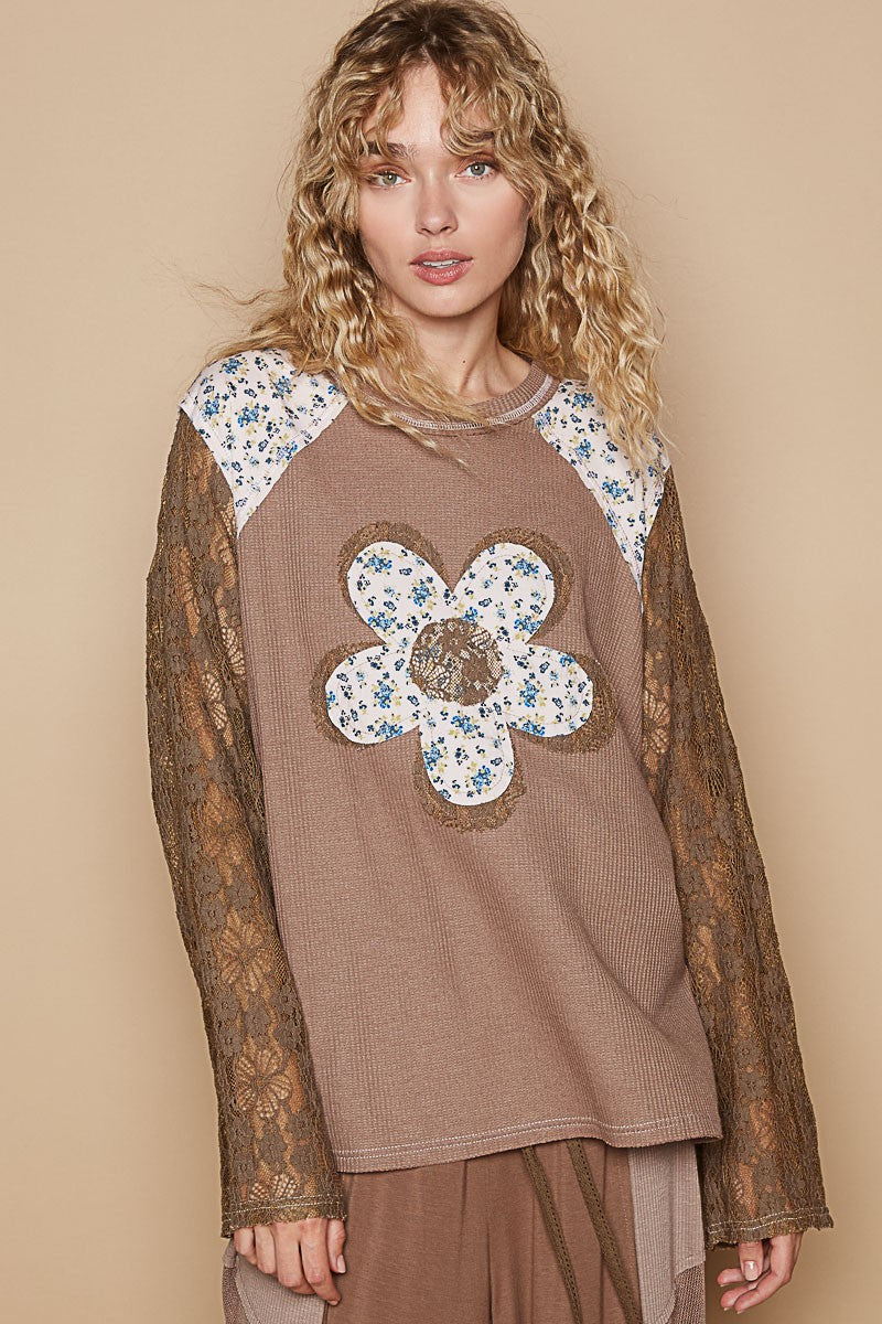 POL Thermal Knit Top with Lace Sleeves and Flower Patch Front in Chocolate