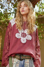 Load image into Gallery viewer, POL Thermal Knit Top with Lace Sleeves and Flower Patch Front in Blood Red
