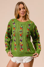 Load image into Gallery viewer, BiBi Solid Color Cable Knit Sweater with Flower Embroidery in Olive
