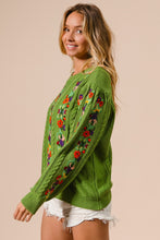 Load image into Gallery viewer, BiBi Solid Color Cable Knit Sweater with Flower Embroidery in Olive
