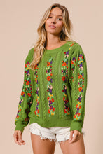 Load image into Gallery viewer, BiBi Solid Color Cable Knit Sweater with Flower Embroidery in Olive
