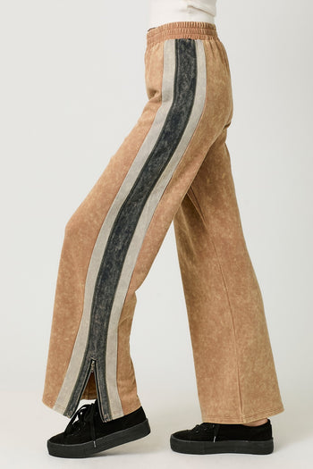 Mystree Mineral Washed Terry Knit Color Block Pants in Washed Honey