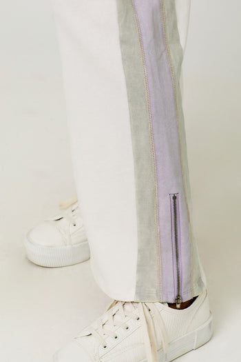 Mystree Mineral Washed Terry Knit Color Block Pants in Washed Ivory
