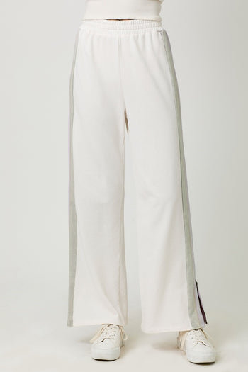 Mystree Mineral Washed Terry Knit Color Block Pants in Washed Ivory