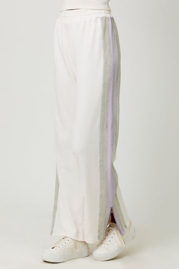 Mystree Mineral Washed Terry Knit Color Block Pants in Washed Ivory