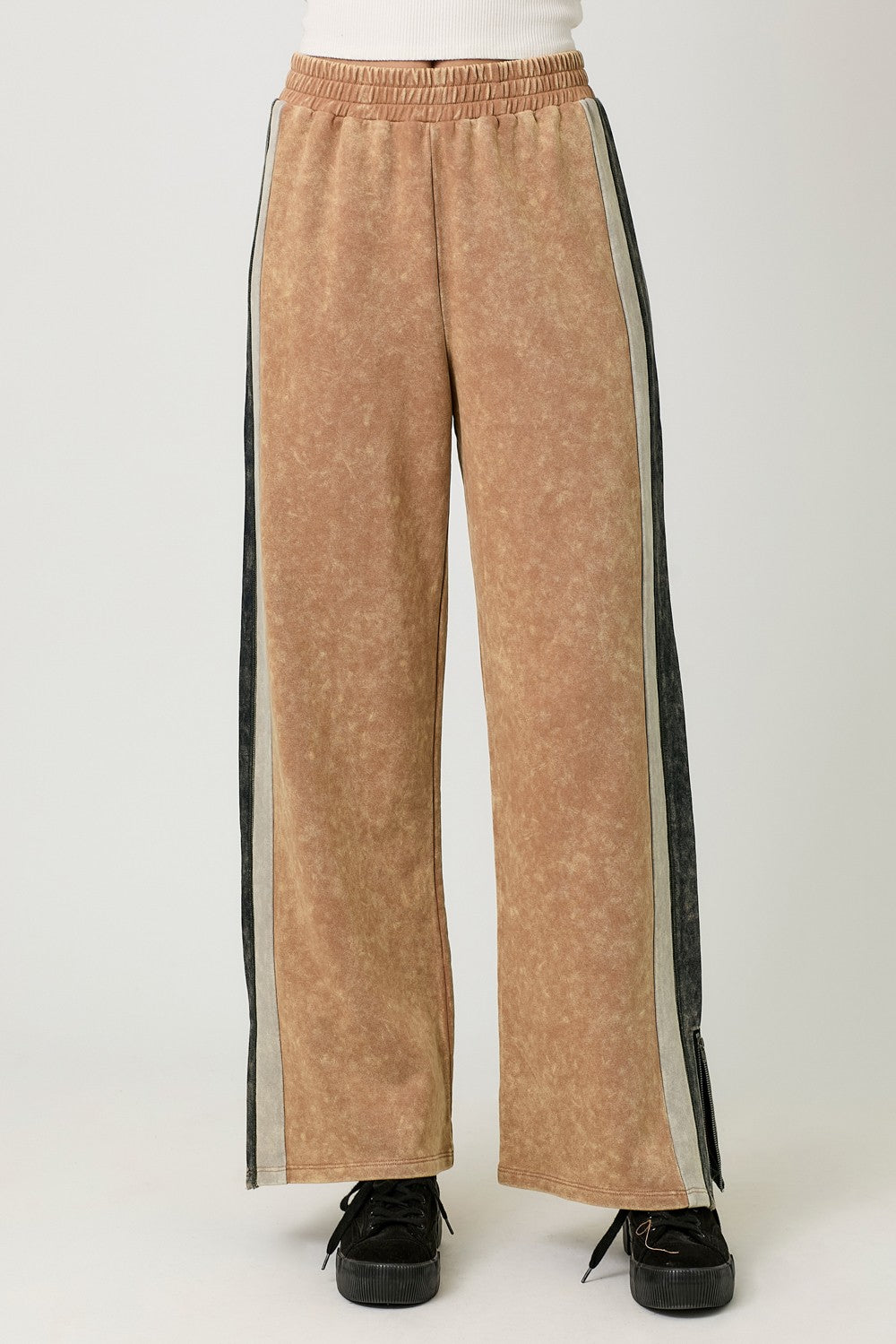 Mystree Mineral Washed Terry Knit Color Block Pants in Washed Honey